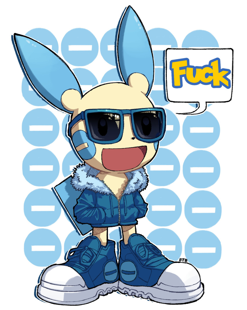 :d absurdres artist_name balancetheball blue-framed_eyewear blue_footwear commentary drawstring drip_(meme) english_commentary fur-trimmed_jacket fur_trim hands_in_pockets highres hood hooded_jacket jacket meme minun minus_sign no_humans open_mouth pokemon pokemon_(creature) profanity shoes simple_background smile sneakers speech_bubble standing sunglasses white_background