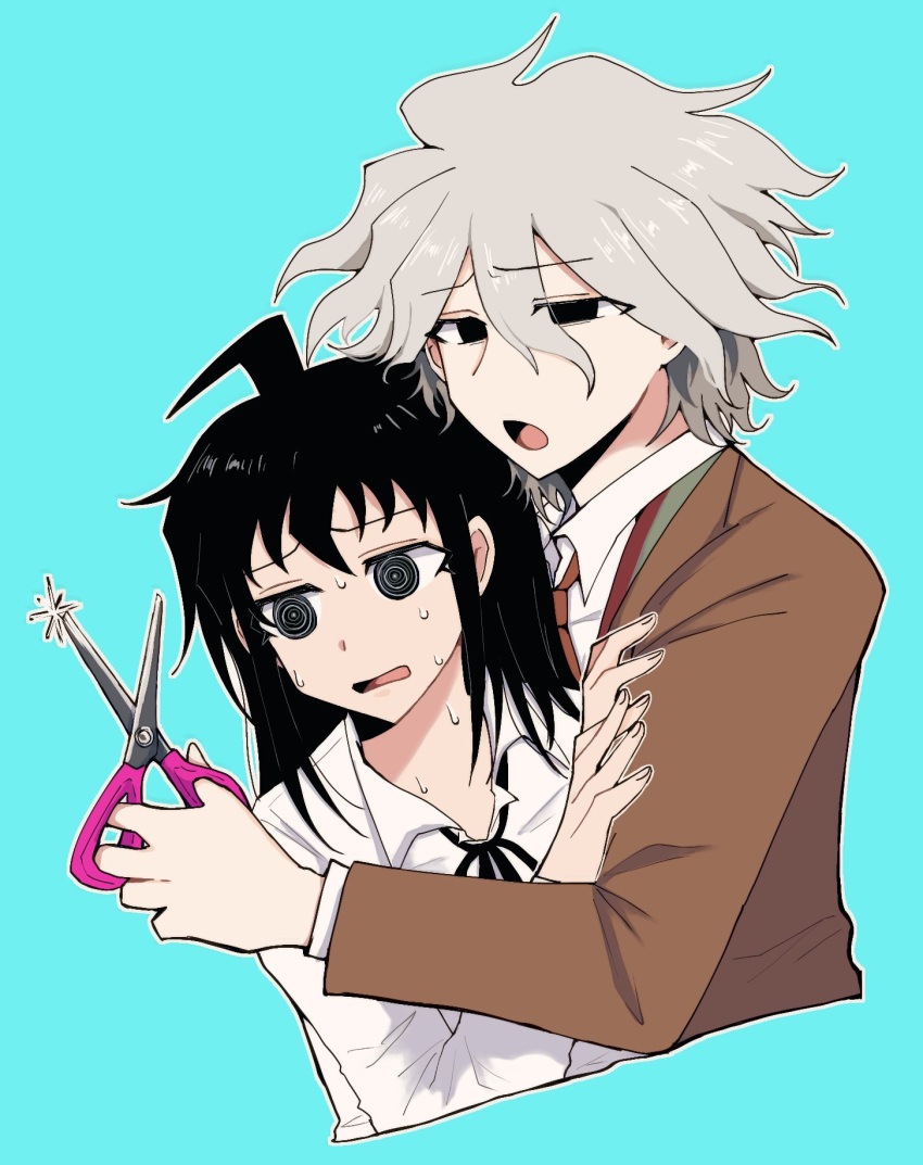 1boy 1girl ahoge black_eyes black_hair black_ribbon brown_jacket collared_shirt cropped_torso danganronpa_(series) danganronpa_3_(anime) famima_de_neppuri genderswap genderswap_(mtf) green_background grey_hair highres hinata_hajime holding holding_scissors jacket komaeda_nagito long_hair medium_hair messy_hair neck_ribbon necktie red_necktie ribbon scissors shirt simple_background sweat white_shirt