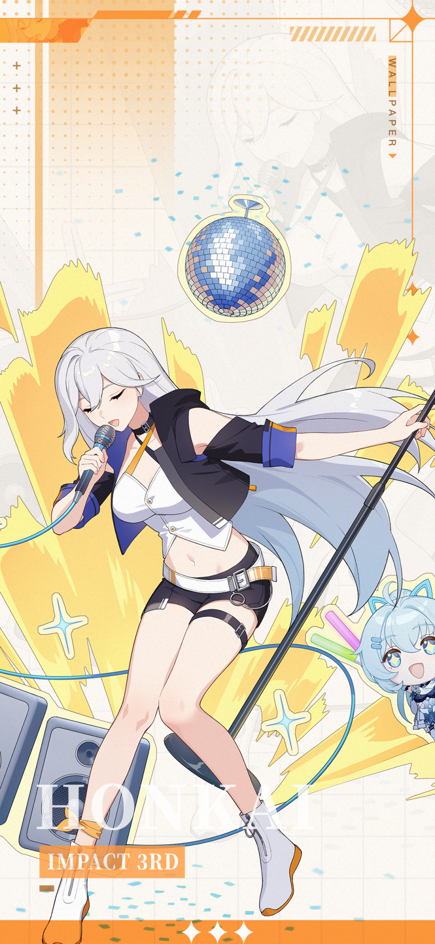 2girls ahoge belt black_choker black_jacket black_shorts blue_hair breasts cecilia_schariac cheering chibi chinese_commentary choker closed_eyes english_text hair_between_eyes highres holding holding_microphone honkai_(series) honkai_impact_3rd idol jacket legs light_blue_hair long_hair looking_at_another medium_breasts microphone midriff multiple_girls music navel no_nose official_art official_wallpaper open_clothes open_jacket open_mouth shigure_kira short_shorts shorts singing star-shaped_pupils star_(symbol) symbol-shaped_pupils thigh_strap white_belt white_footwear white_hair