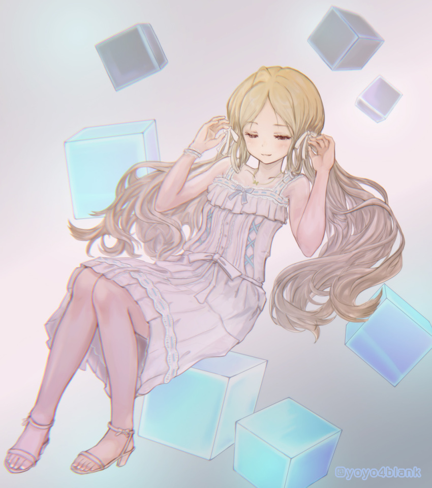1girl akishiro_haruya bare_shoulders blonde_hair butterfly_necklace closed_eyes collarbone cube dress floating floating_object gradient_background grey_background hair_ribbon handa_roco high_heels highres idolmaster idolmaster_million_live! idolmaster_million_live!_theater_days lace-trimmed_dress lace_trim light_smile long_hair official_alternate_costume ribbon ribbon-trimmed_dress sitting slippers solo twintails twitter_username u_u very_long_hair white_background white_dress white_ribbon white_wristband