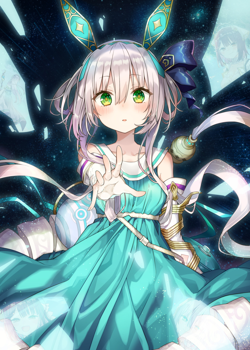 1girl aged_down alt_(ctrldel) aqua_dress aqua_hairband atelier_(series) atelier_sophie atelier_sophie_2 blue_bow blush bow dress elbow_gloves fingerless_gloves gloves green_eyes grey_hair hair_between_eyes hair_bow hairband highres long_hair looking_at_viewer parted_lips plachta reaching reaching_towards_viewer shards sleeveless sleeveless_dress solo sophie_neuenmuller