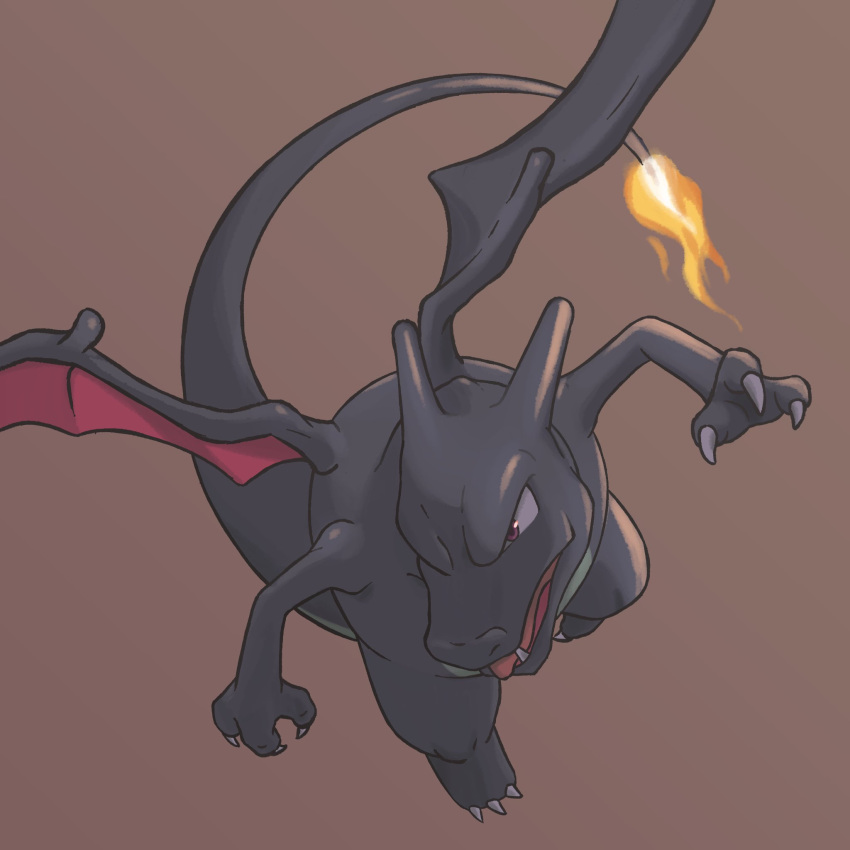 alternate_color brown_background brown_eyes charizard claws commentary_request fang fire flame highres no_humans open_mouth pokemon pokemon_(creature) sawa_(soranosawa) shiny_pokemon simple_background solo tongue tongue_out