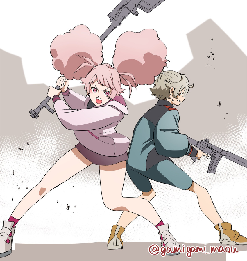 2girls :o afro_puffs asticassia_school_uniform chuatury_panlunch clenched_teeth commentary_request crying crying_with_eyes_open felsi_rollo gamigami_maou_(artist) grey_background gun gundam gundam_suisei_no_majo highres holding holding_gun holding_weapon improvised_weapon light_brown_hair looking_afar multiple_girls pink_eyes pink_hair school_uniform standing tears teeth topknot twitter_username weapon weapon_request white_background