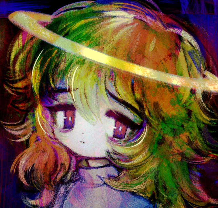 1girl blonde_hair blue_background blue_shirt bright_pupils closed_mouth dot_nose eyeliner green_hair hair_between_eyes halo highres kitoral long_hair looking_at_viewer makeup messy_hair multicolored_hair multicolored_shirt orange_hair original portrait psychedelic purple_shirt shirt solo violet_eyes white_pupils white_shirt yellow_halo