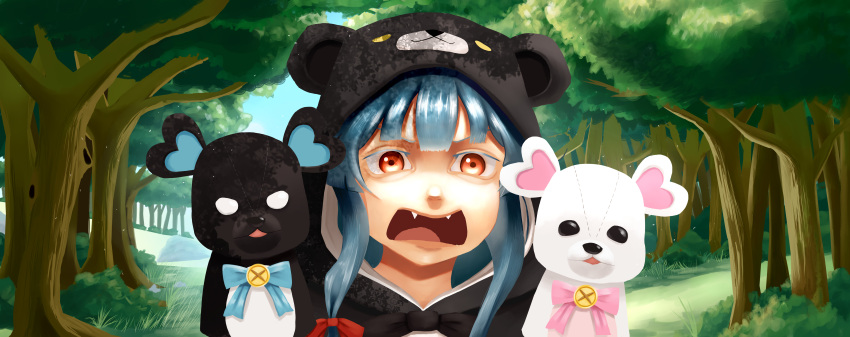 1girl absurdres animal_costume animal_ears animal_hood bear bear_costume bear_ears bear_hood black_hoodie cosplay fang hair_ribbon hand_puppet highres hood hoodie kigurumi kuma_kuma_kuma_bear neck_ribbon open_mouth puppet ribbon yuna_(kuma_kuma_kuma_bear)