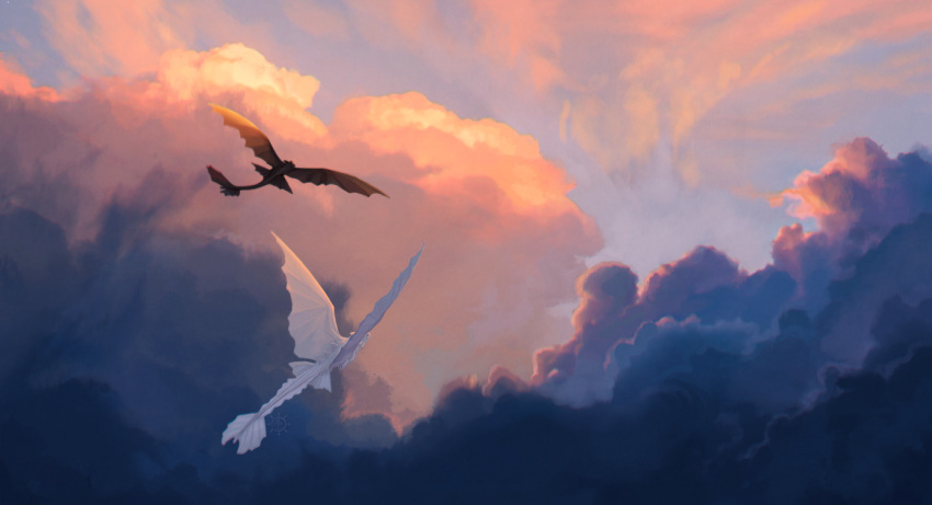 ashley_coad clouds cloudy_sky dragon flying how_to_train_your_dragon no_humans outdoors sky toothless white_fury_(how_to_train_your_dragon)