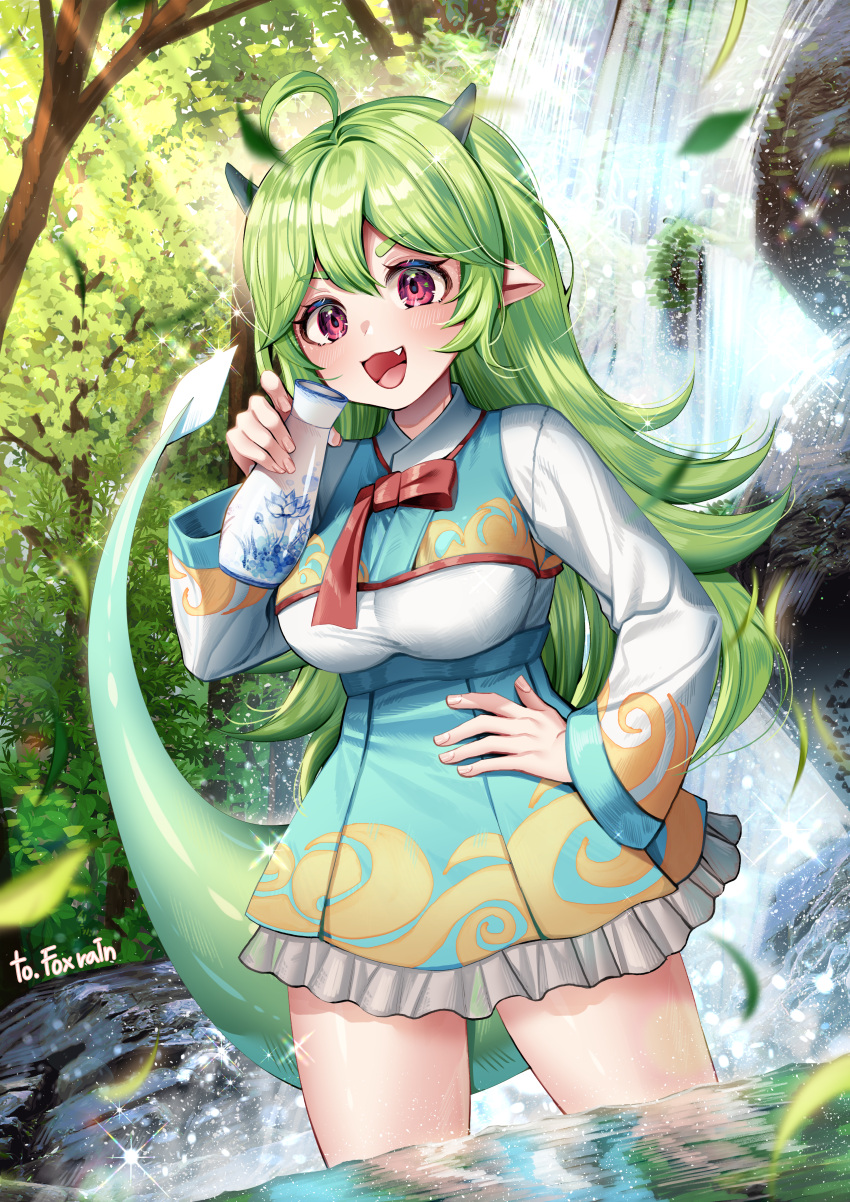 1girl :d absurdres ahoge blue_sky breasts commentary commission copyright_request day english_commentary fang forest frilled_skirt frills green_hair hair_between_eyes hand_on_own_hip highres holding horns long_hair long_sleeves medium_breasts menna_(0012) nature outdoors pointy_ears red_eyes shirt short_eyebrows skirt sky smile solo standing tail thick_eyebrows tokkuri tree v-shaped_eyebrows very_long_hair water waterfall white_shirt