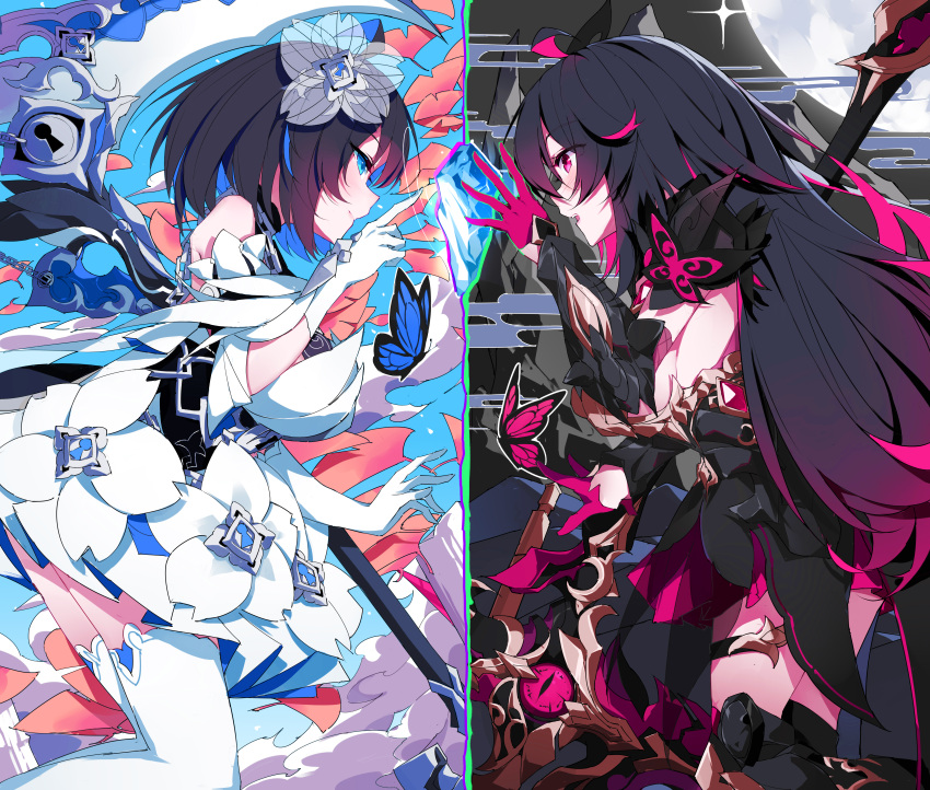2girls absurdres black_hair blue_butterfly blue_eyes blue_hair bug butterfly closed_mouth colored_inner_hair facing_another gloves guaili_shu highres honkai_(series) honkai_impact_3rd long_hair long_sleeves multicolored_hair multiple_girls open_mouth red_butterfly red_eyes red_gloves redhead seele_(alter_ego) seele_vollerei seele_vollerei_(starchasm_nyx) short_hair white_gloves