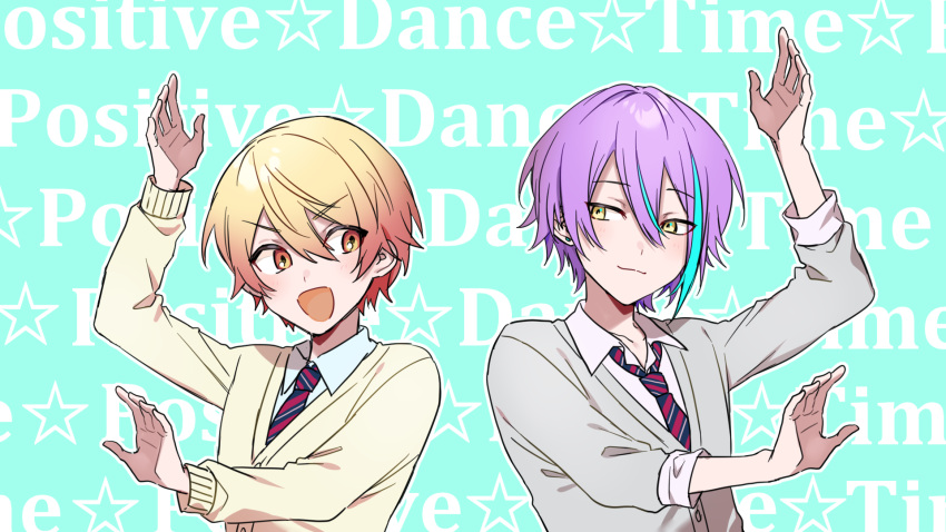 2boys :d aqua_hair arm_up blonde_hair blue_necktie buttons cardigan chanms closed_mouth collared_shirt commentary diagonal-striped_necktie double-parted_bangs earrings gradient_hair grey_cardigan hair_between_eyes highres jewelry kamishiro_rui kamiyama_high_school_uniform_(project_sekai) light_blue_background long_bangs long_sleeves looking_at_another looking_to_the_side loose_necktie male_focus multicolored_hair multicolored_necktie multiple_boys necktie open_collar open_mouth orange_hair positive_dance_time_(vocaloid) project_sekai red_necktie school_uniform shirt sideways_glance sleeves_past_elbows sleeves_rolled_up smile song_name star_(symbol) streaked_hair stud_earrings tenma_tsukasa text_background tsurime two-tone_hair upper_body v-neck v-shaped_eyebrows white_necktie white_shirt yellow_cardigan