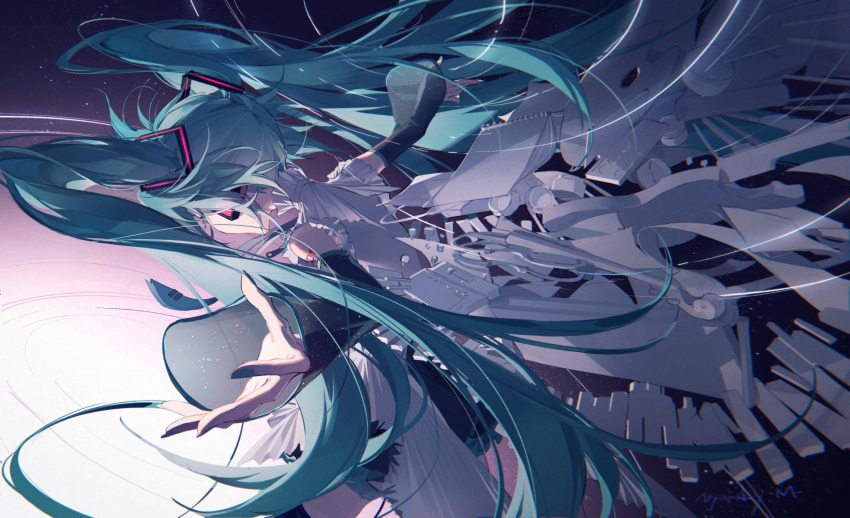 1girl absurdres bare_shoulders black_skirt black_sleeves black_thighhighs blue_hair blue_nails blue_necktie collared_shirt commentary cowboy_shot detached_sleeves floating_hair foreshortening from_behind hair_ornament hatsune_miku hatsune_miku_happy_16th_birthday_-dear_creators- headphones highres long_hair nail_polish necktie notebook number_tattoo nyansky palette_(object) piano_keys revision see-through see-through_sleeves shirt sidelighting sidelocks signature skirt solo space tattoo thigh-highs tie_clip twintails very_long_hair vocaloid white_shirt zipper_pull_tab