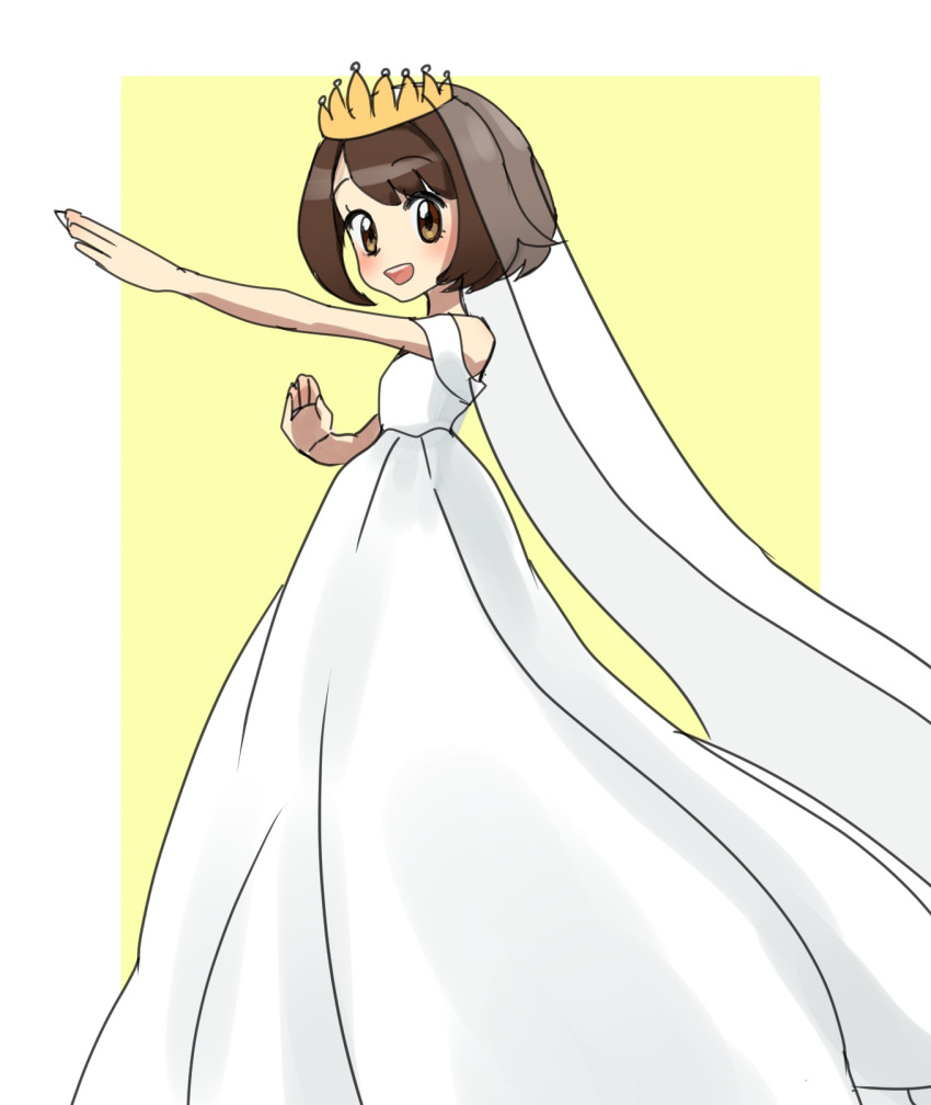 1girl :d alternate_costume asamaru1225 blush border brown_eyes brown_hair commentary_request crown dress eyelashes gloria_(pokemon) happy highres off-shoulder_dress off_shoulder open_mouth outstretched_arm pokemon pokemon_(game) pokemon_swsh short_hair smile solo teeth upper_teeth_only wedding_dress white_border white_dress yellow_background