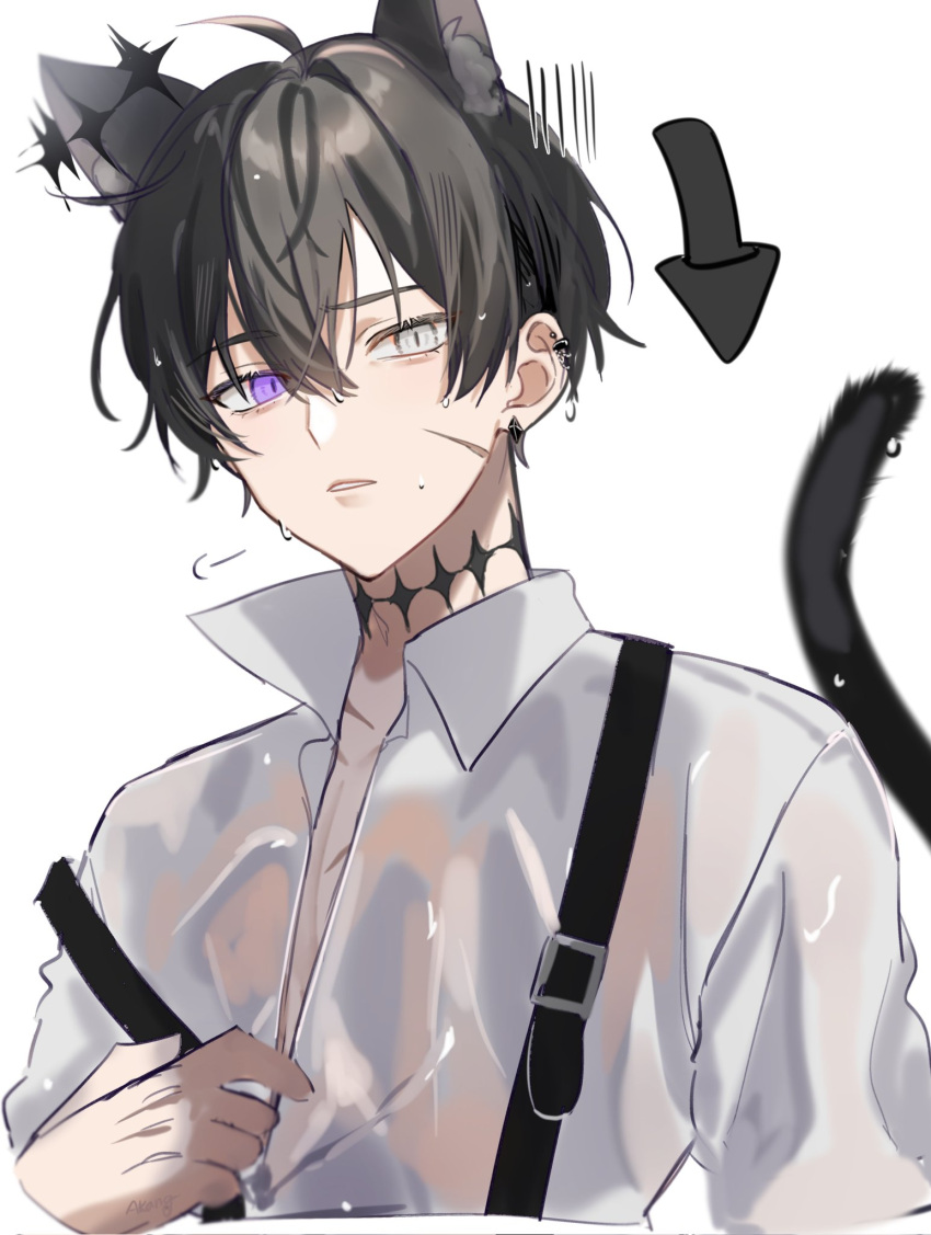 1boy a20190422 animal_ears arrow_(symbol) black_hair cat_boy cat_ears cat_tail collared_shirt copyright_request grey_eyes heterochromia highres male_focus multiple_piercings neck_tattoo shirt short_hair simple_background solo tail tattoo violet_eyes white_background white_shirt