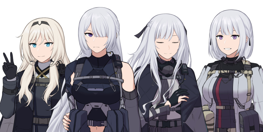 4girls absurdres ak-12_(girls'_frontline) ak-15_(girls'_frontline) ammunition_pouch an-94_(girls'_frontline) blonde_hair blue_eyes breasts closed_eyes closed_mouth clothing_cutout defy_(girls'_frontline) girls_frontline grey_hair highres midriff multiple_girls navel_cutout one_eye_covered open_mouth pouch rpk-16_(girls'_frontline) short_hair simobulanka smile tactical_clothes upper_body v violet_eyes