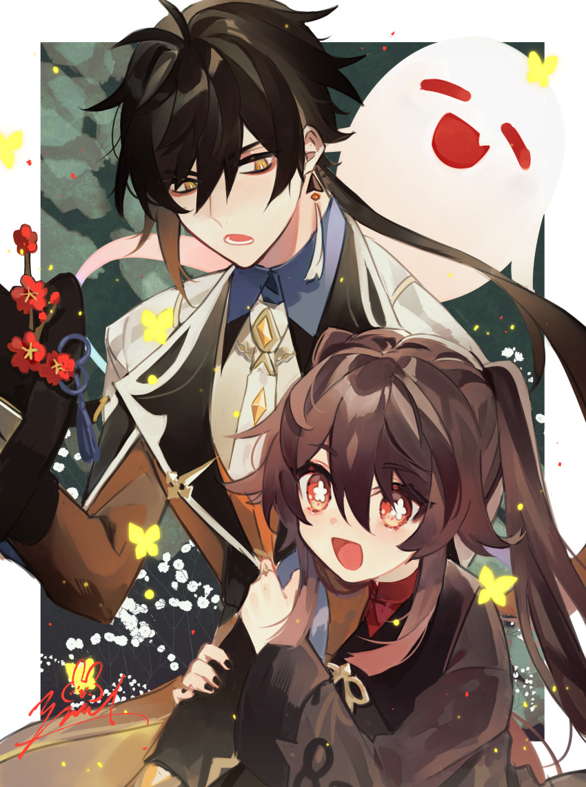 1boy 1girl :d absurdres arm_grab black_gloves black_hair black_nails boo_tao_(genshin_impact) brown_hair chinese_clothes coat earrings eyeliner eyeshadow flower flower-shaped_pupils formal genshin_impact ghost gloves gradient_hair hair_between_eyes hat hat_flower hat_ornament highres holding_another's_arm hu_tao_(genshin_impact) jacket jewelry long_hair long_sleeves looking_at_viewer low_ponytail lower_teeth_only makeup multicolored_hair nail_polish necktie open_mouth plum_blossoms ponytail porkpie_hat red_eyes red_eyeshadow red_shirt shirt single_earring smile suit symbol-shaped_pupils tassel tassel_earrings teeth twintails upper_body white_necktie yellow_eyes zhongli_(genshin_impact) zoo_min