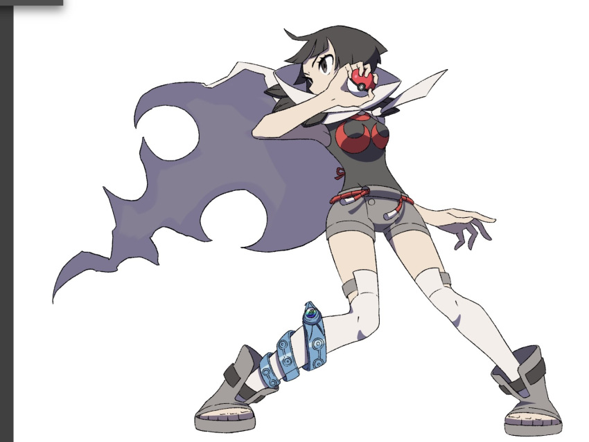 1girl anklet belt black_hair black_shirt blunt_bangs boots breasts cloak commentary_request cowlick full_body grey_footwear grey_shorts hand_up highres holding holding_poke_ball jewelry looking_to_the_side over-kneehighs poke_ball poke_ball_(basic) pokemon pokemon_(game) pokemon_oras red_belt rii_(mrhc7482) rope_belt shirt short_shorts shorts sleeveless sleeveless_shirt solo squatting thigh-highs toeless_footwear zinnia_(pokemon)