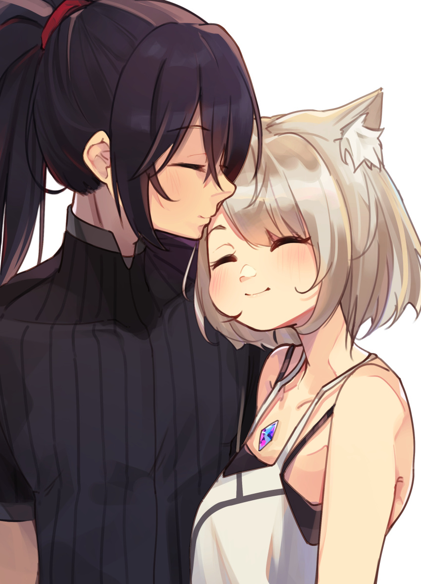 1girl absurdres animal_ears bare_shoulders black_hair blush breasts camisole cat_ears chest_jewel closed_eyes closed_mouth couple farrel_kb grey_hair hetero highres kiss kissing_forehead mio_(xenoblade) nintendo noah_(xenoblade) ponytail short_hair simple_background small_breasts smile tank_top white_tank_top xenoblade_chronicles_(series) xenoblade_chronicles_3