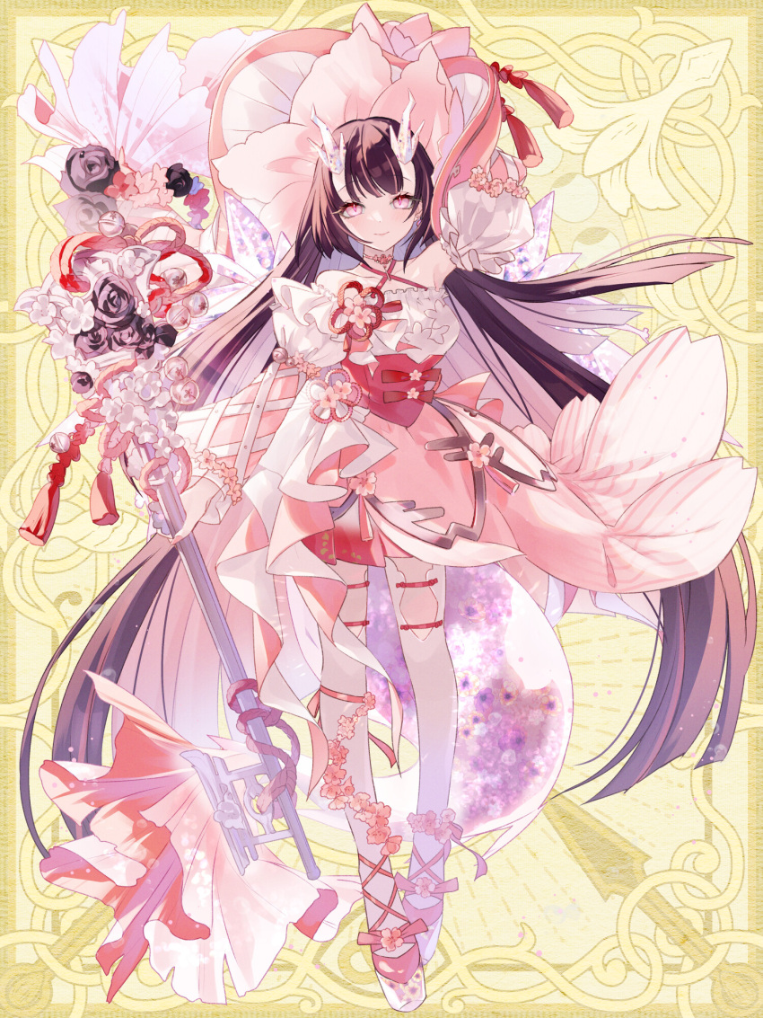 1girl arm_up bell black_hair chain_paradox dress earrings halterneck highres holding holding_key horns jewelry jingle_bell key long_hair looking_at_viewer multiple_tails pink_dress pink_eyes pink_headwear puffy_sleeves sakiraku_jiwa smile solo tail tassel thigh-highs very_long_hair white_thighhighs yellow_background