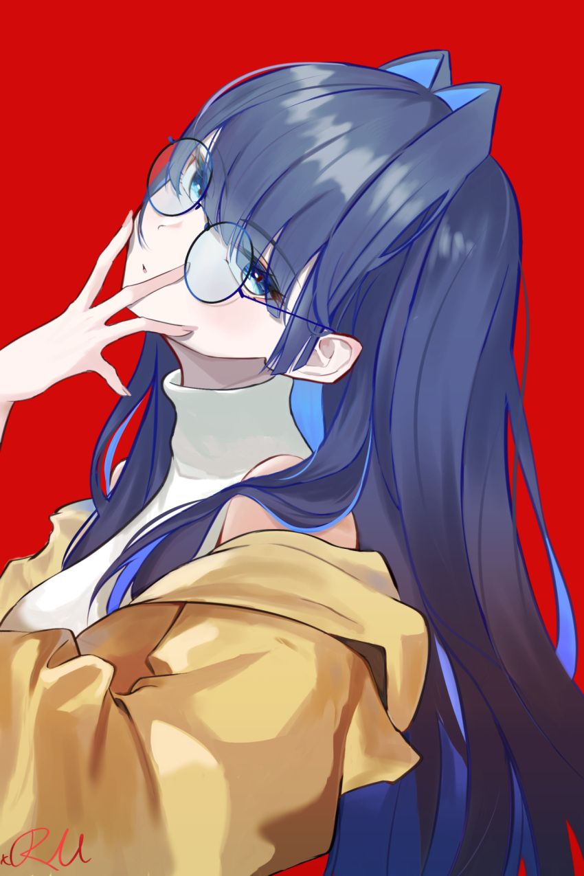 1girl blue-framed_eyewear blue_eyes blue_hair blunt_bangs breasts brown_coat clothing_cutout coat colored_inner_hair glasses hair_intakes hand_on_own_face hand_up head_back highres hololive hololive_english large_breasts long_hair looking_at_viewer multicolored_hair nail_polish official_alternate_costume open_clothes open_coat ouro_kronii ouro_kronii_(3rd_costume) pink_nails red_background shirt shoulder_cutout signature simple_background trench_coat turtleneck two-tone_hair very_long_hair virtual_youtuber white_shirt xsilentred