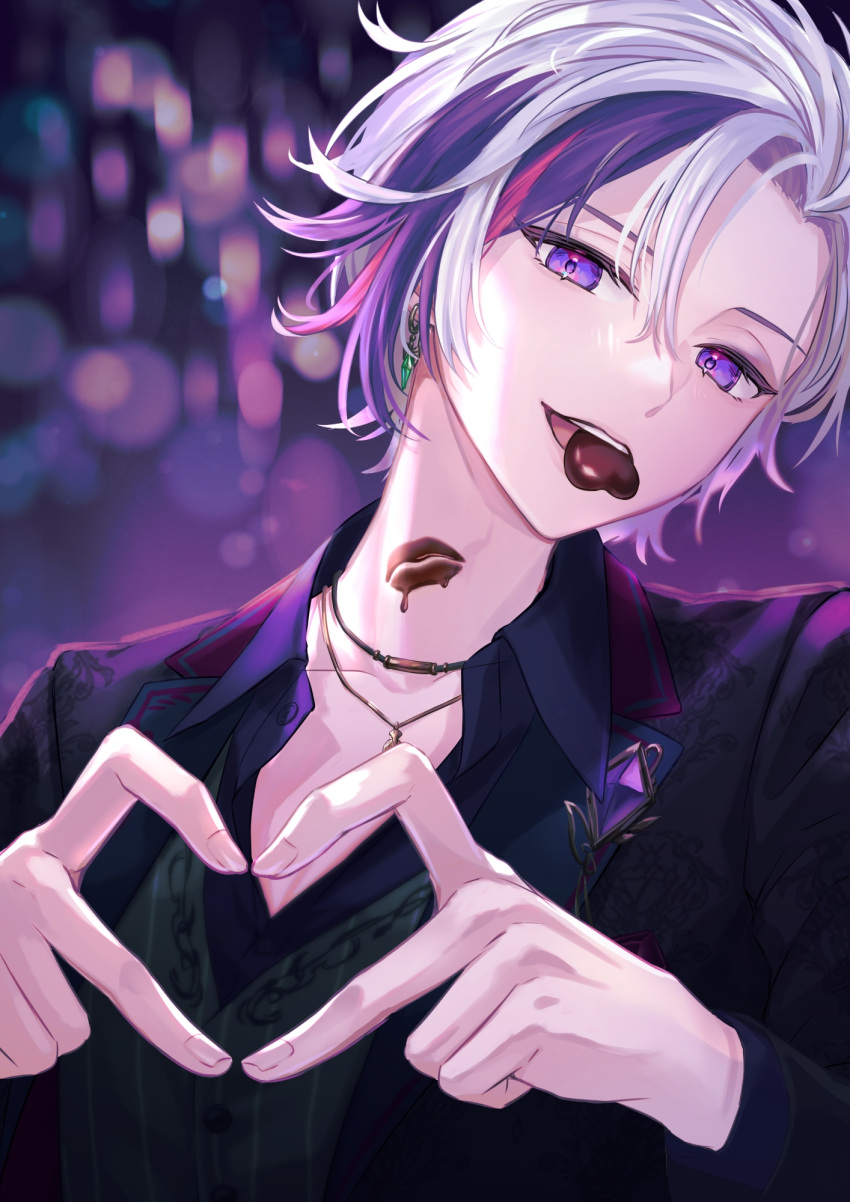 1boy black_jacket black_shirt blurry blurry_background bokeh brooch candy chocolate collarbone collared_shirt commentary_request depth_of_field earrings food food_in_mouth formal fuwa_minato grey_vest hands_up head_tilt heart heart-shaped_chocolate heart_hands highres jacket jewelry lapels looking_at_viewer male_focus multicolored_hair necklace nijisanji notched_lapels parted_lips pink_hair purple_background purple_hair shirt short_hair snowlight_candy solo suit teeth tsurime upper_body upper_teeth_only valentine vest violet_eyes virtual_youtuber white_hair wing_collar