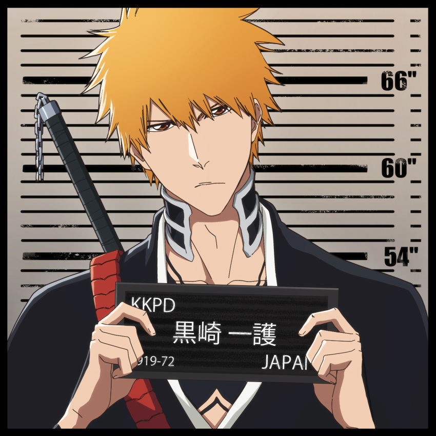 1boy barbie_mugshot_(meme) black_kimono bleach bleach:_the_thousand-year_blood_war card character_name chest_tattoo closed_mouth english_commentary hair_between_eyes height_chart height_mark highres holding holding_card holding_sign japanese_clothes kimono kurosaki_ichigo looking_at_viewer male_focus meme mugshot orange_hair rozuberry shinigami sign spiky_hair sword sword_on_back tattoo upper_body weapon weapon_on_back zanpakutou