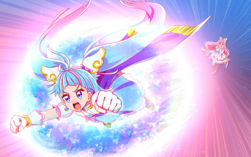 2girls blue_dress blue_hair blue_skirt cure_prism cure_sky dress gloves hair_ornament hair_wings highres hirogaru_sky!_precure long_hair looking_at_another magical_girl multicolored_background multicolored_hair multiple_girls nijigaoka_mashiro pink_hair precure rin_takanashi_glacies skirt sora_harewataru two-tone_hair very_long_hair white_dress white_gloves white_skirt