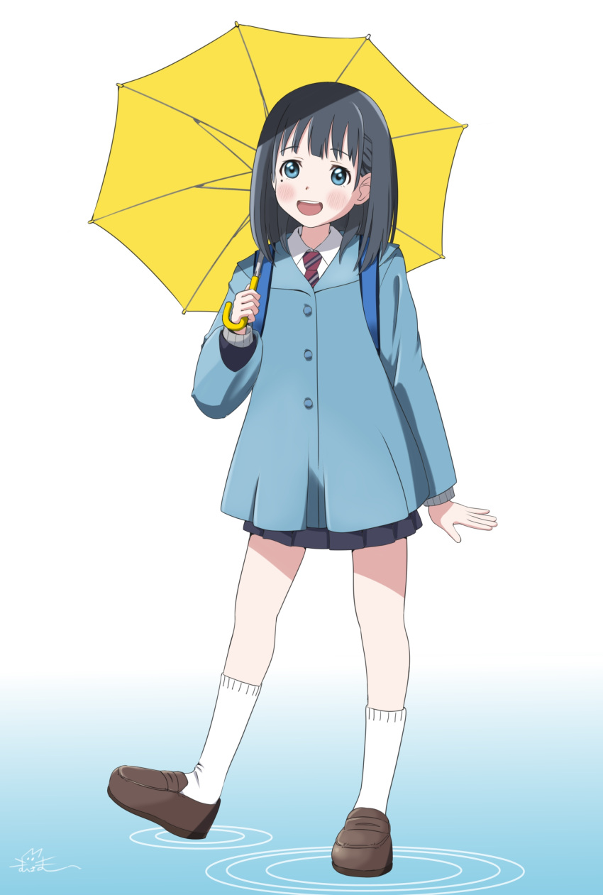 absurdres black_hair blue_eyes blush eniwa_shii highres holding holding_umbrella maisama medium_hair mole neck open_mouth raincoat school_uniform shoes simple_background socks solo standing super_cub umbrella water white_background