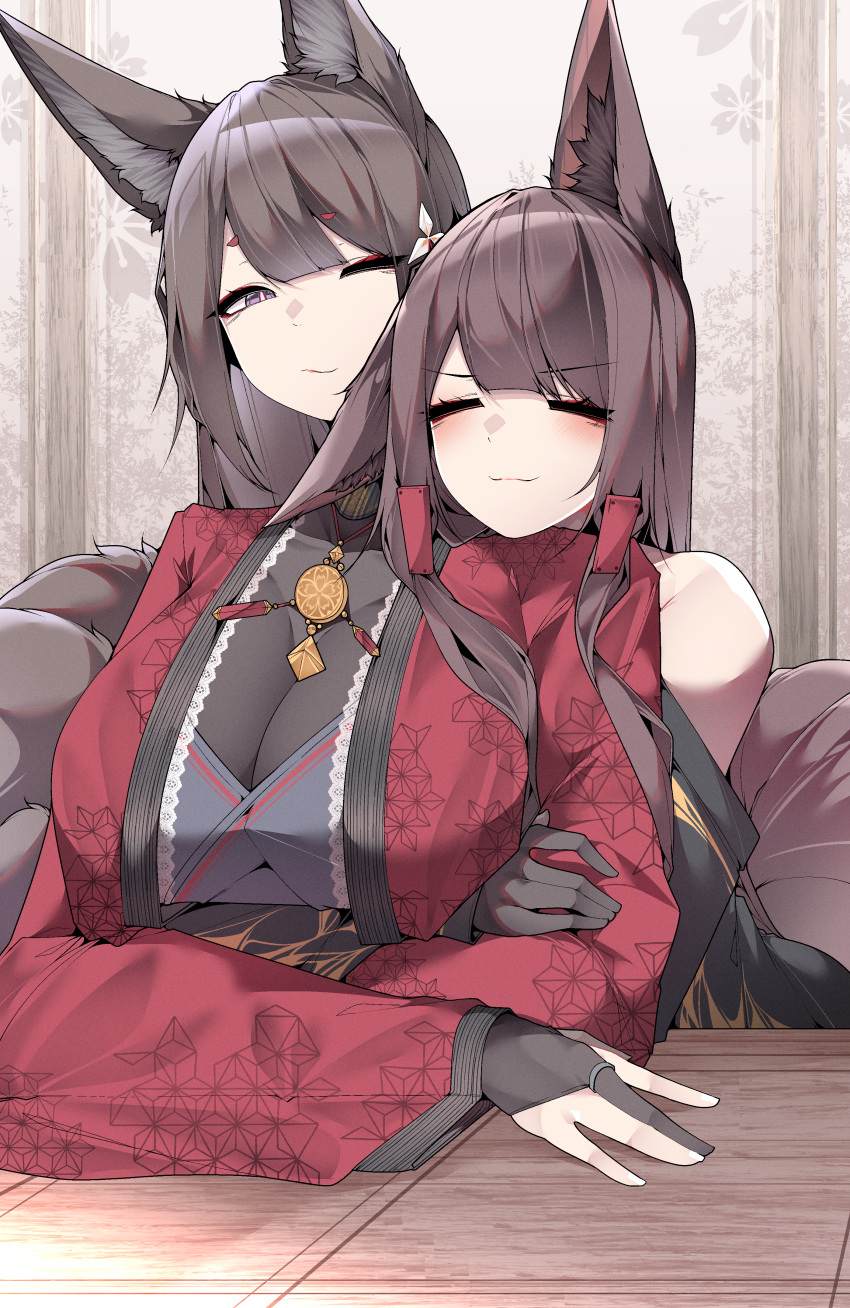 2girls ;) absurdres akagi_(azur_lane) amagi_(azur_lane) animal_ears azur_lane bare_shoulders black_kimono breasts brown_hair closed_eyes eyeshadow facing_viewer fox_ears fox_girl fox_tail hair_ornament hairclip head_on_another's_shoulder highres hug hug_from_behind indoors japanese_clothes kimono kitsune large_breasts long_hair looking_at_another makeup multiple_girls multiple_tails off_shoulder one_eye_closed red_eyeshadow red_kimono samip slit_pupils smile tail upper_body very_long_hair violet_eyes