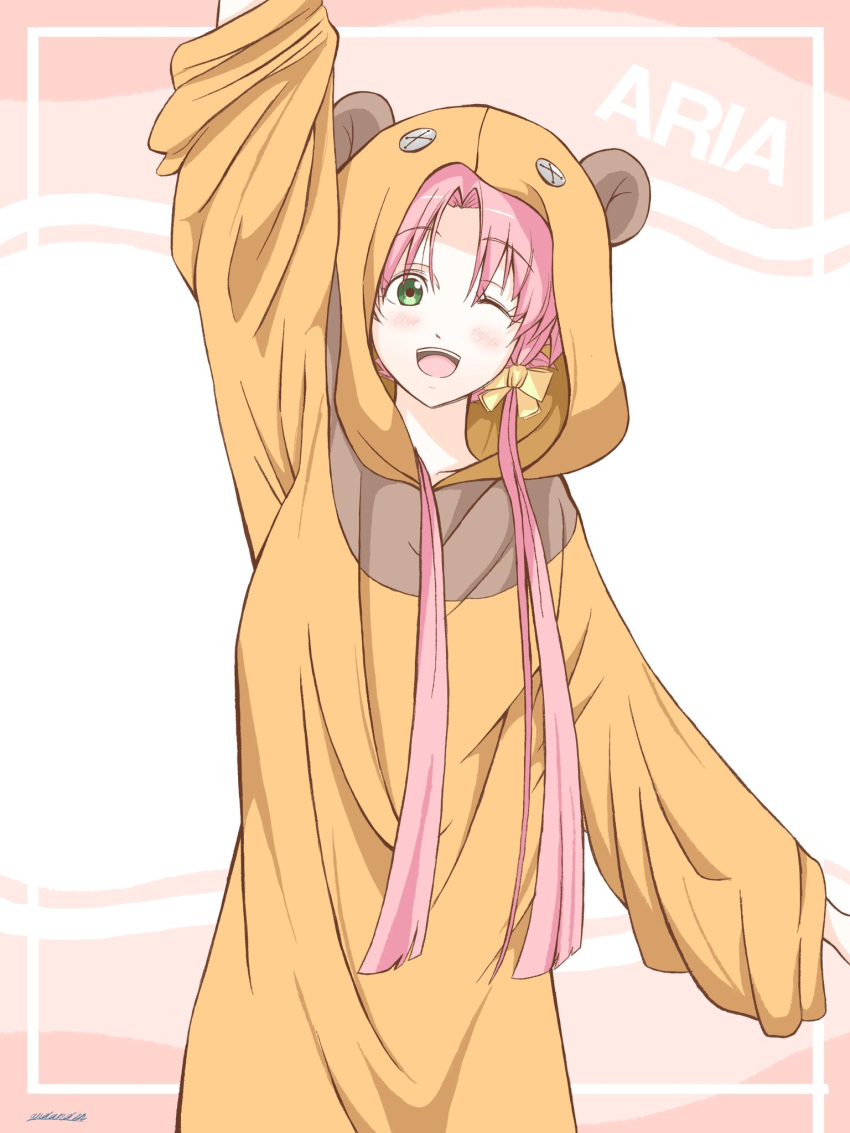 1girl andanden animal_costume aria arm_up bear_costume bow collarbone cowboy_shot green_eyes hair_bow highres hood hood_up looking_at_viewer mizunashi_akari one_eye_closed open_mouth parted_bangs pink_hair shadow short_hair_with_long_locks signature smile solo teeth upper_teeth_only white_background yellow_bow