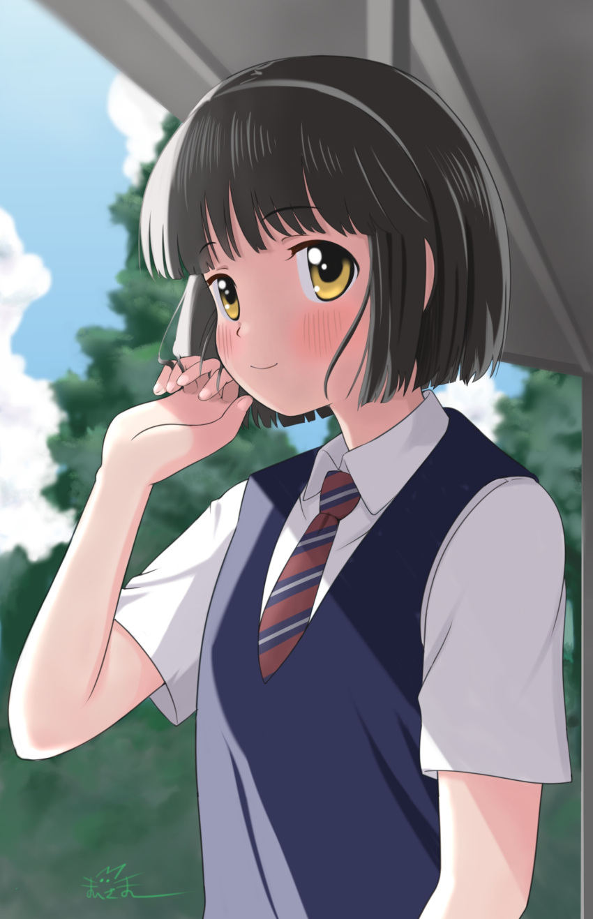 1girl absurdres black_hair blush closed_mouth clouds day hand_on_own_face highres koguma_(super_cub) looking_at_viewer maisama medium_hair necktie outdoors sky smile solo super_cub tree uniform yellow_eyes