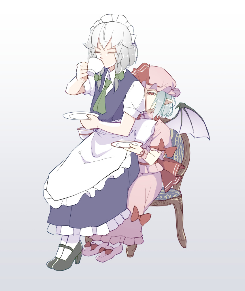 2girls apron ascot bat_wings black_footwear bow braid closed_eyes cup drinking full_body gradient_background green_ascot grey_background hat hat_ribbon high_heels highres holding holding_cup izayoi_sakuya looking_at_another maid maid_headdress mob_cap multiple_girls peroponesosu. pink_footwear pink_headwear pink_skirt pointy_ears red_bow red_eyes red_ribbon remilia_scarlet ribbon side_braids sitting sitting_on_person skirt touhou twin_braids white_apron wings