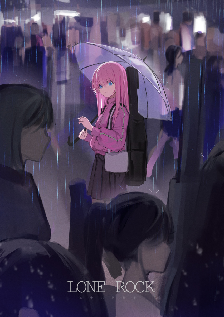 1girl absurdres artist_name bag black_skirt blue_eyes bocchi_the_rock! closed_mouth commentary english_text gotou_hitori hair_between_eyes highres holding holding_umbrella instrument_case jacket long_hair long_sleeves looking_at_viewer outdoors people pink_hair pink_jacket pleated_skirt rain shijiubashuazi shoulder_bag sidelocks skirt umbrella variant_set wide_shot