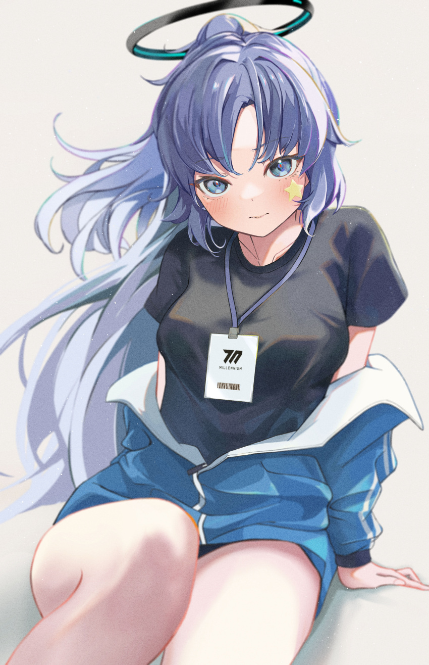 1girl absurdres black_shirt blue_archive blue_buruma blue_eyes blue_hair blue_jacket blush buruma closed_mouth commentary dot_nose grey_background gym_shirt gym_uniform halo highres id_card jacket lanyard long_hair looking_at_viewer off_shoulder official_alternate_costume parted_bangs partially_unzipped peropicnic shirt simple_background sitting solo star_sticker sticker_on_face t-shirt thighs track_jacket yuuka_(blue_archive) yuuka_(track)_(blue_archive)