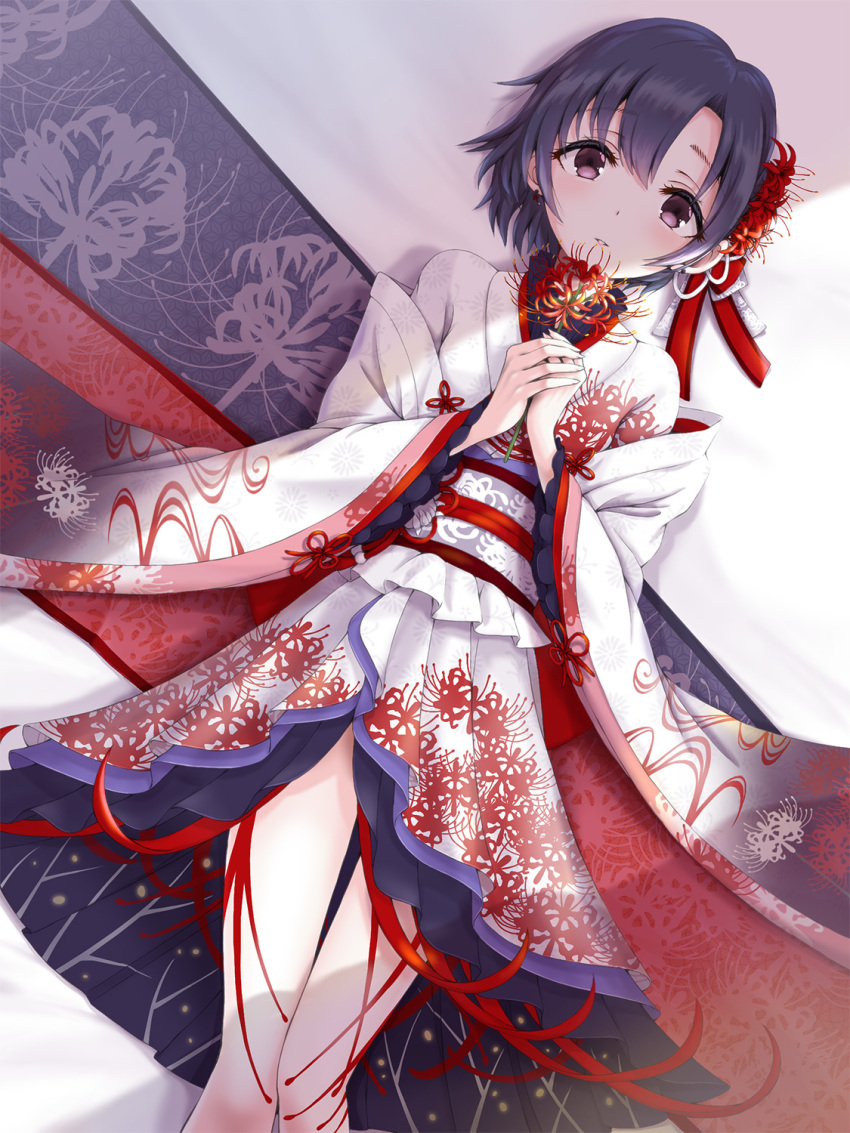 1girl black_hair blush detached_sleeves dot_nose floral_print flower hair_flower hair_ornament hair_ribbon hands_up haua highres holding holding_flower idolmaster idolmaster_cinderella_girls idolmaster_cinderella_girls_starlight_stage japanese_clothes kimono long_sleeves looking_at_viewer obi obiage obijime off_shoulder parted_lips print_kimono print_sleeves red_ribbon red_sash ribbon sash shadow shiragiku_hotaru short_hair smile solo spider_lily violet_eyes white_kimono white_sleeves wide_sleeves