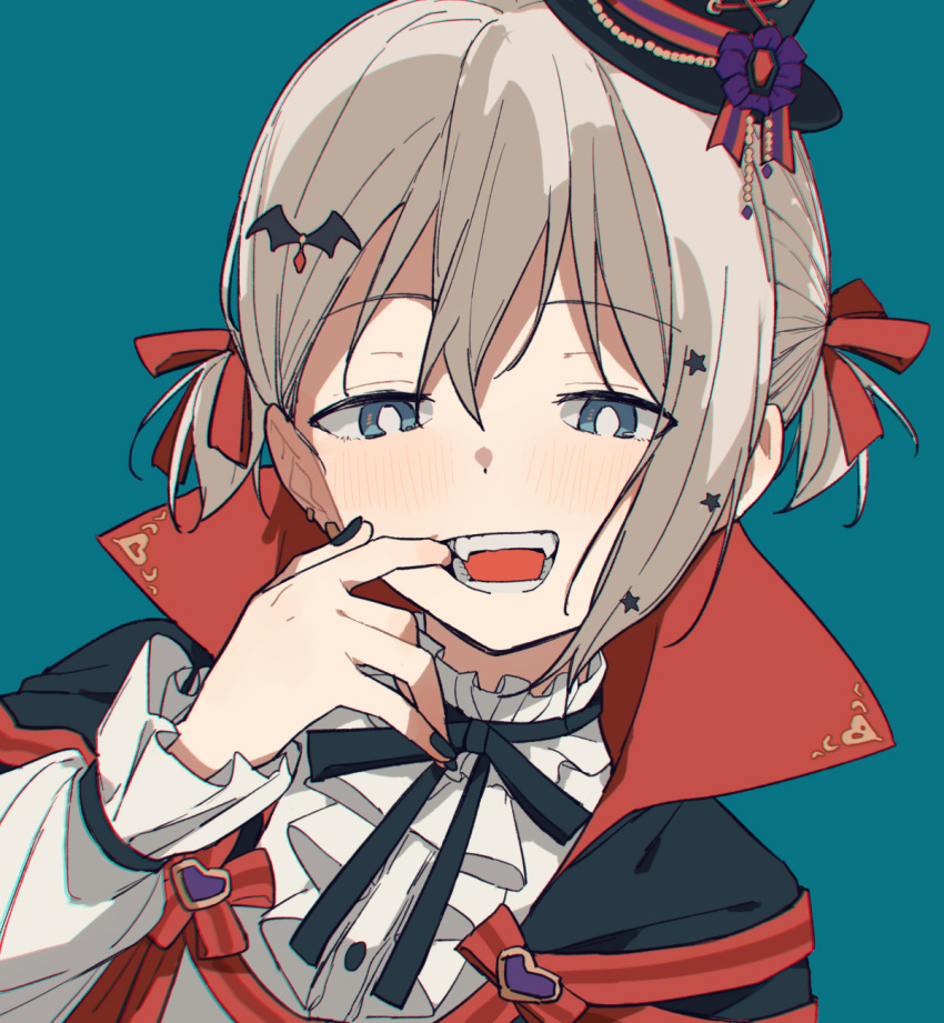 1girl aoba_moca bang_dream! black_headwear black_nails black_ribbon blue_background blue_eyes blush bright_pupils cape center_frills close-up coldcat. dot_nose fangs finger_in_own_mouth flat_color flower frilled_shirt frills grey_hair hair_between_eyes hair_ornament hair_ribbon halloween_costume hand_up hat hat_flower high_collar highres long_sleeves looking_at_viewer mini_hat mini_top_hat nail_polish neck_garter neck_ribbon portrait purple_flower raised_eyebrows red_cape red_ribbon ribbon shirt sidelocks simple_background solo star_(symbol) star_hair_ornament top_hat two_side_up vampire_costume white_pupils white_shirt