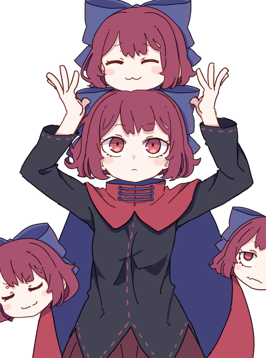1girl :3 absurdres arms_up black_shirt blue_bow blush_stickers bow cape closed_mouth disembodied_head hair_bow highres kame_(kamepan44231) long_sleeves red_cape red_eyes red_skirt redhead sekibanki sekibanki_day shirt short_hair simple_background skirt solo straight-on touhou upper_body v-shaped_eyebrows wavy_mouth white_background