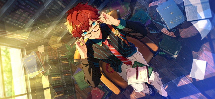 1boy adjusting_eyewear amagi_hiiro aqua_eyes book chair closed_mouth dot_nose ensemble_stars! happy_elements indoors long_sleeves looking_at_viewer necktie official_art pants paper pen redhead shelf shirt short_hair sitting solo striped striped_necktie striped_shirt suspenders table third-party_source vertical-striped_shirt vertical_stripes white_pants window