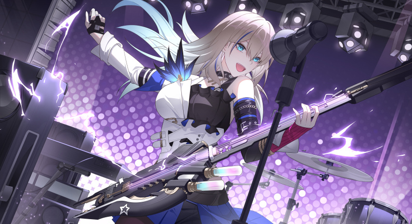 1girl absurdres amplifier asymmetrical_gloves black_dress black_gloves blonde_hair blue_hair breasts chinese_commentary commentary_request cymbals detached_sleeves dress drum drum_set gloves gradient_background gradient_hair green_eyes guitar highres holding holding_instrument honkai:_star_rail honkai_(series) indoors instrument lightning long_hair medium_breasts microphone microphone_stand mismatched_gloves multicolored_clothes multicolored_dress multicolored_hair music open_mouth partially_fingerless_gloves playing_instrument plectrum purple_background serval_landau singing single_glove smile solo stage_lights sye- upper_body white_dress