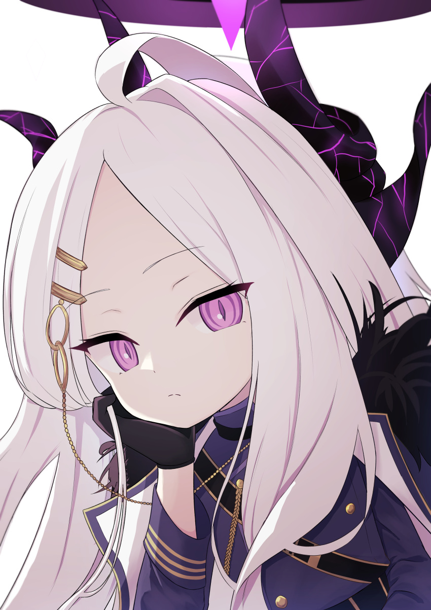 1girl absurdres ahoge belt blue_archive closed_mouth coat coat_on_shoulders demon_horns forehead hair_ornament halo hands_on_own_face highres hina_(blue_archive) horns looking_at_viewer military military_uniform negi_0712 uniform violet_eyes white_background white_hair