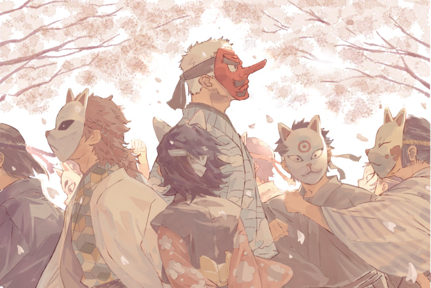 1girl 6+boys arm_out_of_sleeve arms_behind_back black_hair black_vest blue_kimono branch brown_hair child commentary_request covered_face day extra facing_away facing_viewer female_child floral_print flower fox_mask grey_hair grey_kimono haori highres jacket japanese_clothes kimetsu_no_yaiba kimono komedawara0130 long_sleeves makomo_(kimetsu) male_child mask multiple_boys nature old old_man petals pink_flower pink_kimono profile sabito_(kimetsu) short_hair sidelocks spring_(season) standing striped striped_kimono tengu_mask upper_body urokodaki_sakonji vest walking_away wave_print white_background white_jacket