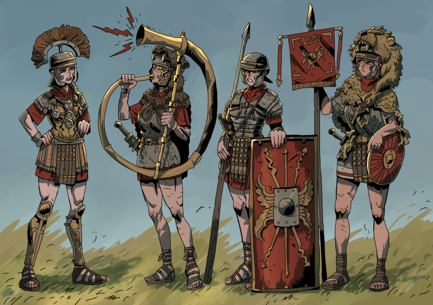 4girls animal_skin_hat armor banner cornu grass greaves helmet highres ho-uja holding holding_polearm holding_weapon instrument multiple_girls music original pilum plate_armor playing_instrument polearm red_tunic roman_empire sandals scale_armor shield sword weapon