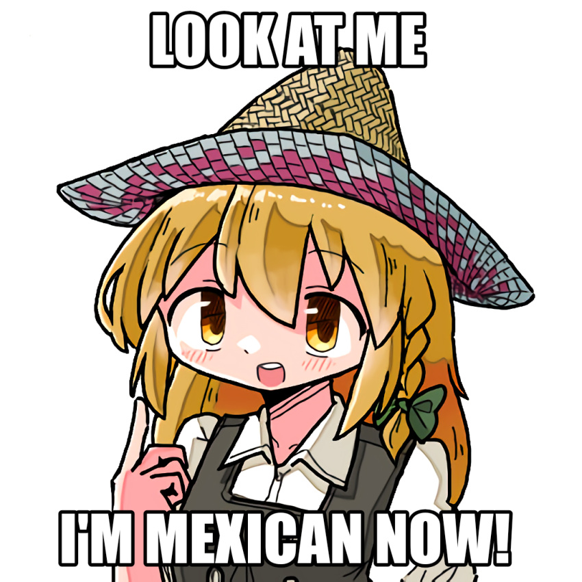 1girl black_vest blonde_hair bow braid commentary english_text green_bow hair_bow hand_up hat image_macro_(meme) impact_(font) index_finger_raised kasuya_baian kirisame_marisa long_hair look_at_me_i'm_the_captain_now_(meme) looking_at_viewer meme open_mouth shirt simple_background single_braid smile solo straw_hat teeth touhou upper_body upper_teeth_only vest white_background white_shirt yellow_eyes
