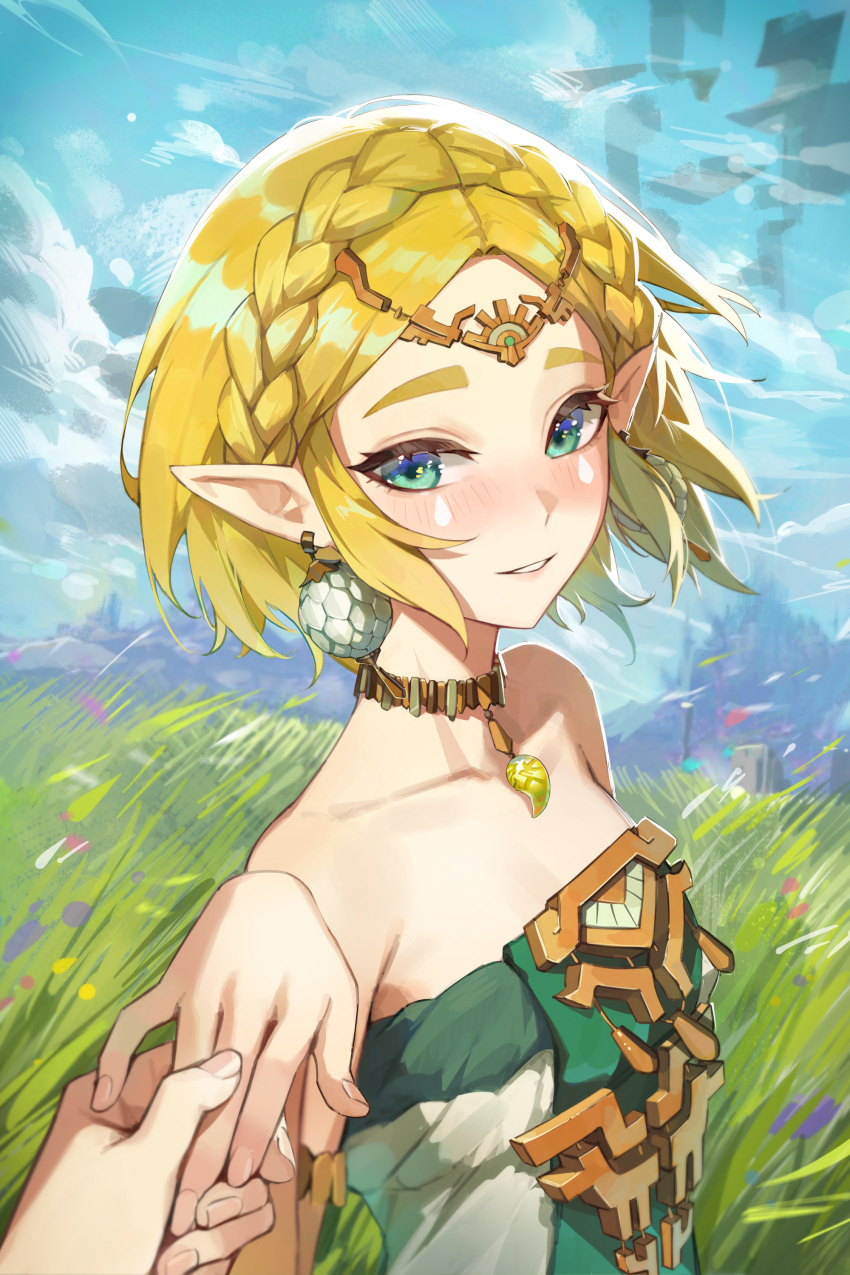 absurdres aqua_eyes blonde_hair blush braid circlet crown_braid dress earrings grass hand_grab highres jewelry light_smile looking_at_viewer maenoo magatama magatama_necklace necklace pointy_ears pov pov_hands princess_zelda short_hair sidelocks strapless strapless_dress the_legend_of_zelda the_legend_of_zelda:_tears_of_the_kingdom