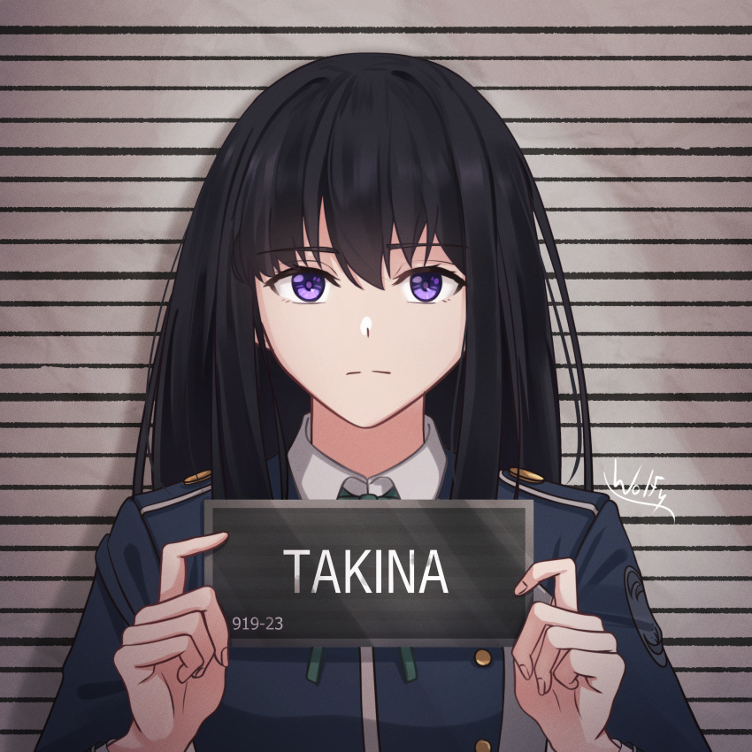 1girl absurdres barbie_mugshot_(meme) black_hair blue_jacket character_name chxoswolf closed_mouth collared_shirt highres holding holding_sign inoue_takina jacket light_frown long_hair looking_at_viewer lycoris_recoil lycoris_uniform meme mugshot shirt sign signature solo straight-on upper_body violet_eyes