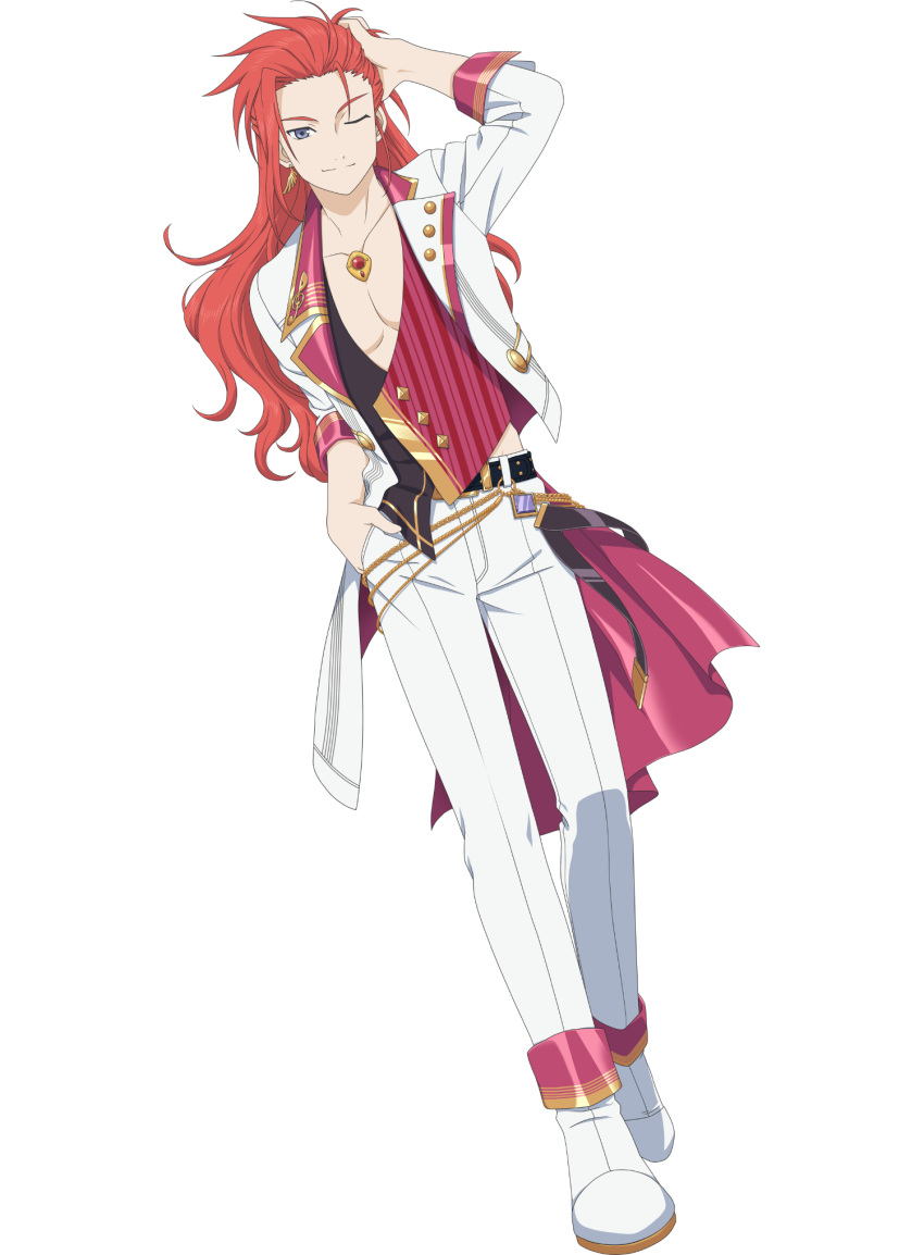 1boy ;) belt earrings english_commentary full_body hand_in_own_hair hand_in_pocket highres idol jewelry male_focus official_art one_eye_closed pants redhead shoes single_earring smile solo tales_of_(series) tales_of_asteria tales_of_symphonia transparent_background zelos_wilder