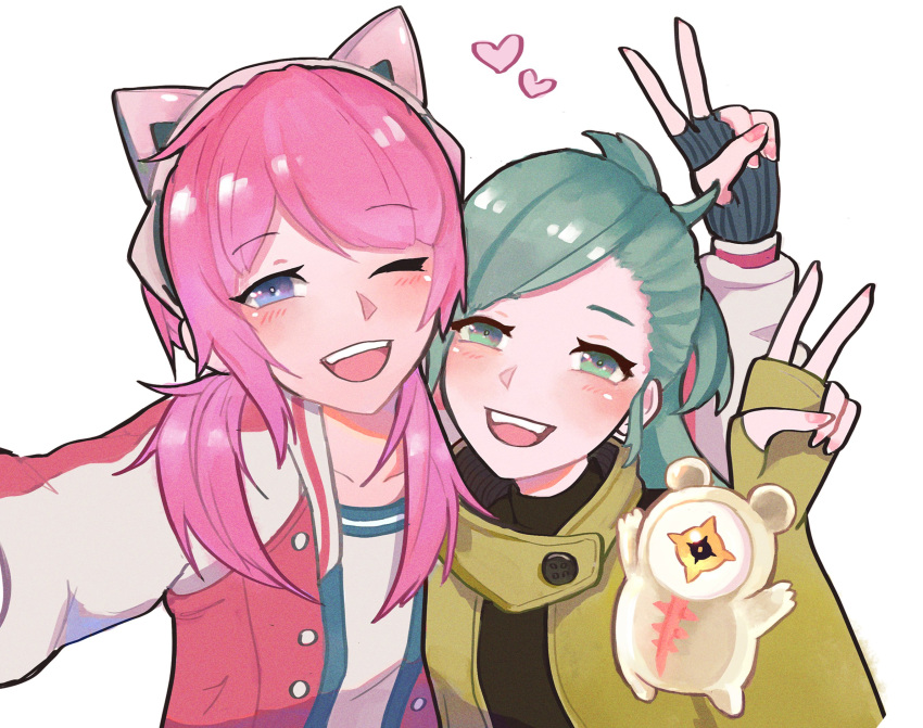 1other 2girls ai_the_somnium_files aiba_(ai_the_somnium_files) animal_ears arexu commentary english_commentary fake_animal_ears fingerless_gloves fingernails gloves green_eyes green_hair heart highres jacket long_hair multiple_girls nail_polish okiura_mizuki one_eye_closed open_clothes open_jacket open_mouth pink_eyes pink_nails sagan_iris simple_background teeth twintails upper_body upper_teeth_only v violet_eyes white_background