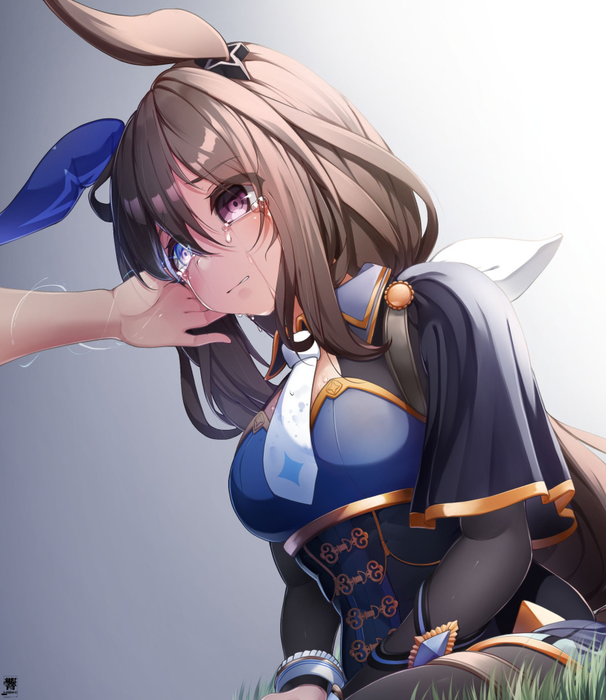 1girl absurdres admire_vega_(umamusume) animal_ears blue_capelet blue_eyes bodice bodystocking bow brown_hair capelet commentary_request crying crying_with_eyes_open ear_covers ear_ornament flaming_eye glowing glowing_eye gold_trim grey_background hair_bow heterochromia hibiki_(zerocodo) highres horse_ears horse_girl long_hair low_ponytail necktie on_grass sidelocks signature single_ear_cover sitting solo_focus streaming_tears tears umamusume umamusume:_road_to_the_top violet_eyes white_bow white_necktie