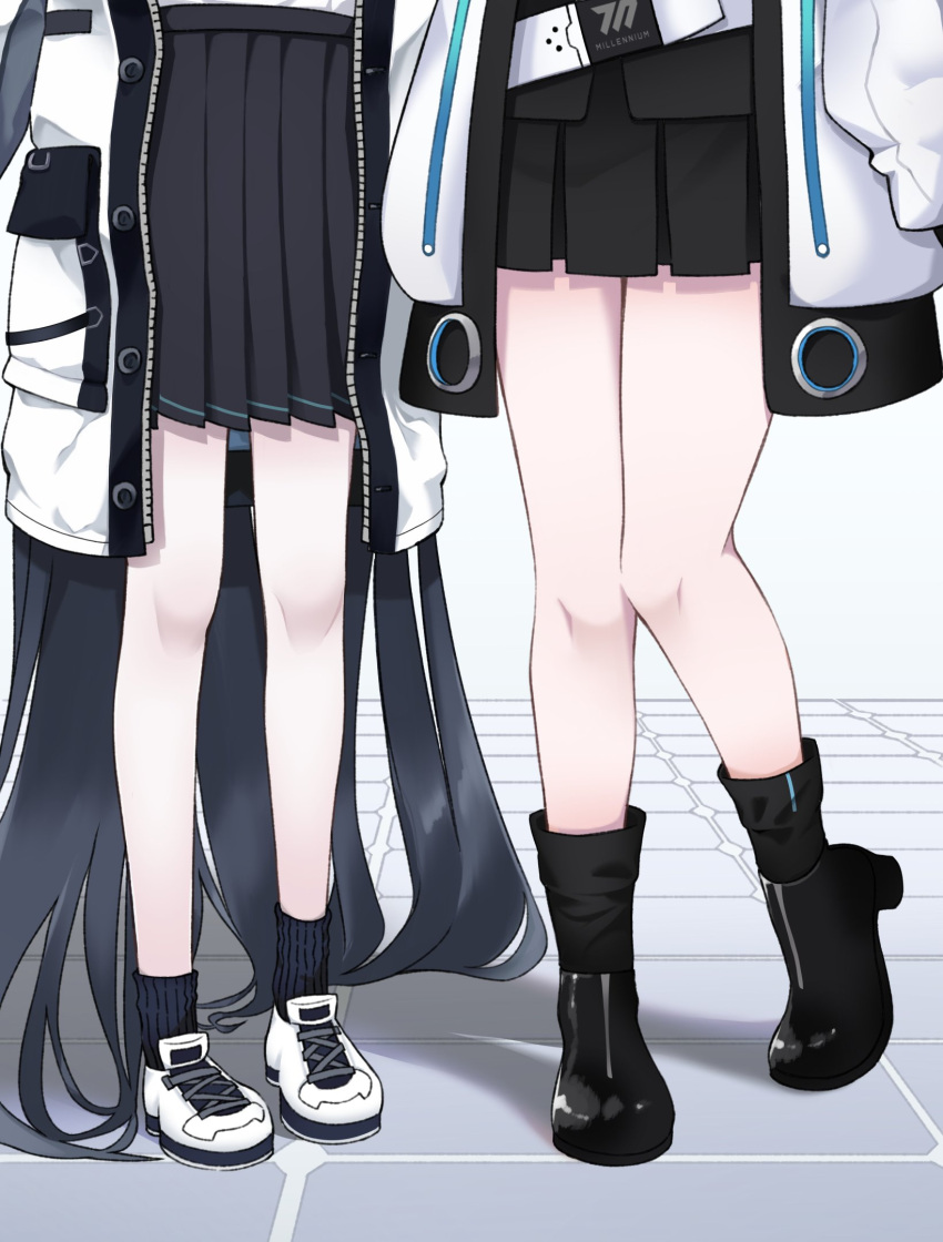 2girls absurdly_long_hair allume1220 aris_(blue_archive) bare_legs belt black_hair blue_archive head_out_of_frame highres jacket legs long_hair miniskirt multiple_girls open_clothes open_jacket shoes skirt socks thighs very_long_hair yuuka_(blue_archive)