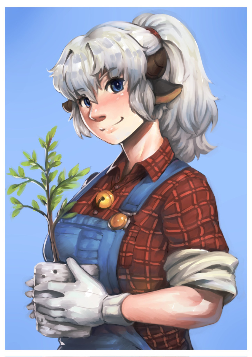 1girl animal_ears bell blue_background blue_eyes blush border breasts brown_horns closed_mouth collared_shirt commentary cow_ears cow_girl cow_horns english_commentary gloves hair_between_eyes high_ponytail highres holding holding_plant horns jingle_bell large_breasts long_hair looking_at_viewer medium_bangs nandi_(puchirisu) neck_bell original plaid plaid_shirt plant potted_plant puchirisu red_shirt shirt sleeves_rolled_up smile solo upper_body white_border white_gloves white_hair