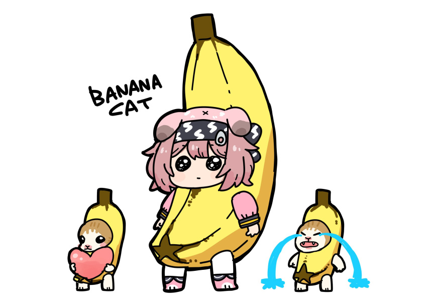 1girl animal_ears arknights banana_costume black_hairband cat cat_ears cat_girl chibi crying dog-san english_text fangs floppy_ears full_body goldenglow_(arknights) hairband heart highres lightning_bolt_print long_sleeves meme open_mouth pink_hair print_hairband simple_background streaming_tears tears white_background