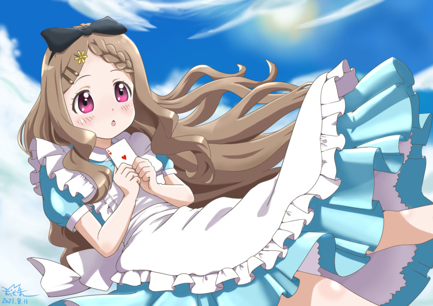 1girl alice_(alice_in_wonderland) alice_(alice_in_wonderland)_(cosplay) alice_in_wonderland aoba_kokona apron artist_name blush bow card clouds cosplay dated day dress hair_bow hair_ornament hairclip heart highres holding holding_card long_hair maisama open_mouth sky solo sun violet_eyes white_apron yama_no_susume